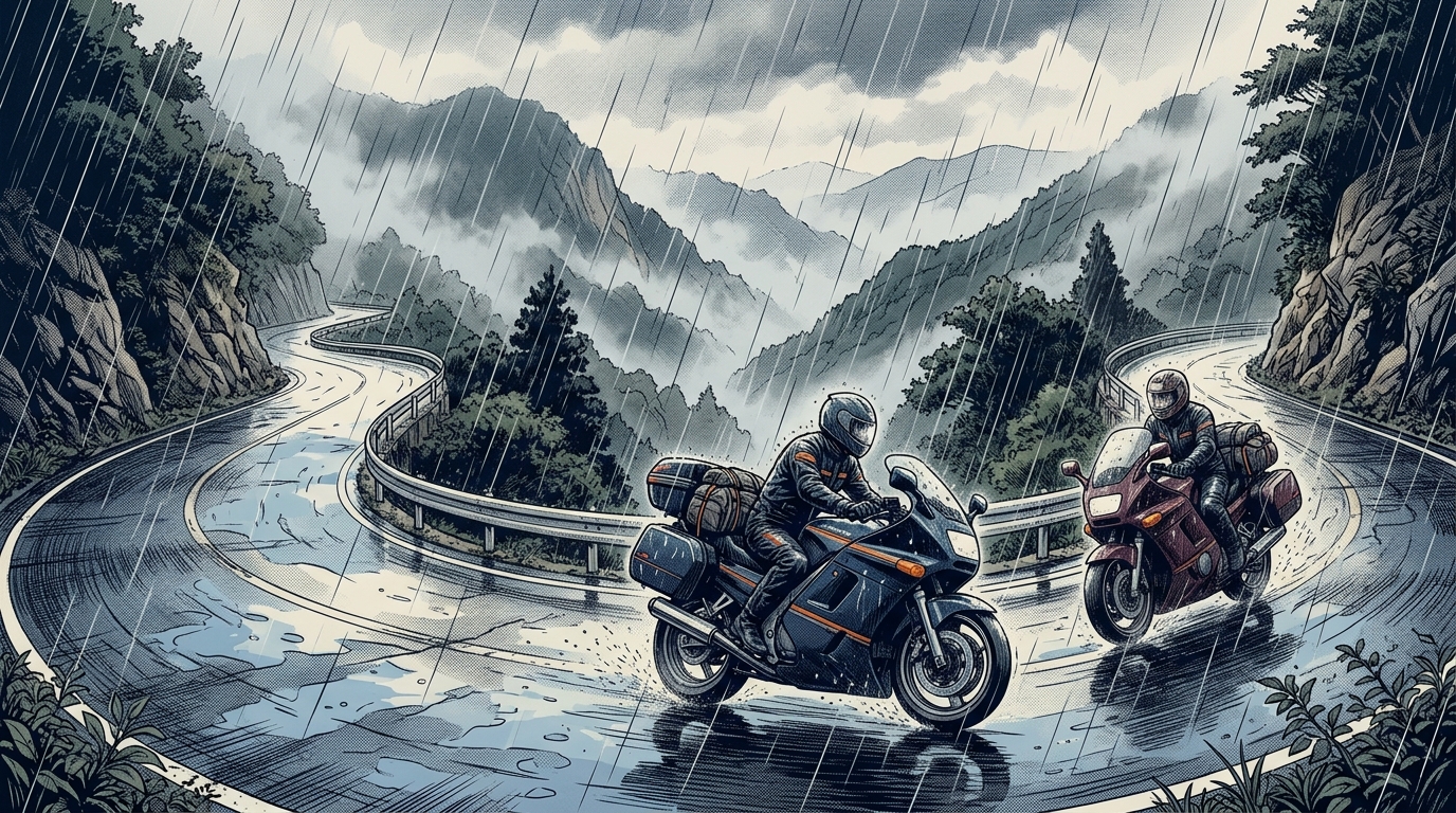 雨ツーリング安全ガイド｜中止基準と制動距離1.5倍対策 - マスツーリング時の雨天対応｜グループでの雨ツーリングプランのルール決めが重要
